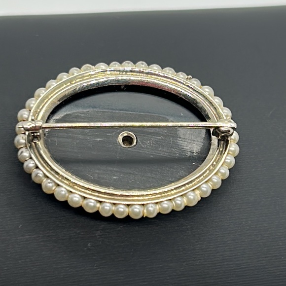 Victorian 10K White Gold Seed Pearl Black Onyx Mourning Brooch Pin - Picture 5 of 10
